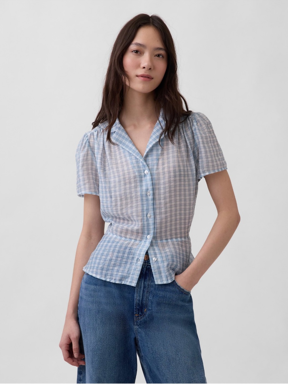 GAP Light Blue & White Gingham Short-Sleeve Button Blouse